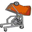 Small Cart tipper logo. Metal framing with a red bin, and lid tipped upside down.